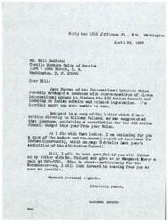 ["The sender, Ladonna Harris, informs Bill Duchesse about a recent luncheon with representatives of international unions to discuss lobbying on Indian affairs. She encloses a letter to William Pollock requesting a contribution for the AIO Action Council budget and includes a copy of the budget and annual report. Harris asks for follow-up with Pollock and urges prompt action due to time constraints."]