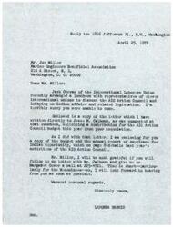 ["The letter is from Ladonna Harris to Joe Miller, discussing a recent luncheon meeting to discuss lobbying on Indian affairs. Harris has enclosed a letter soliciting a contribution for the AIO Action Council budget from Miller's Association. She also includes a copy of the budget and annual report for Americans for Indian Opportunity. She asks Miller to follow up on the letter with Jesse M. Calhoun and to contact her or Margaret Gover as soon as possible."]