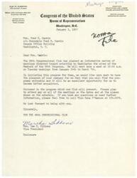 ["The 88th Congressional Club is organizing a series of meetings for the wives of Members of Congress to orient them to Washington. The program includes sessions on the Department of Defense, the Congress, the Capitol, the Executive Branch, the Department of State, the Office of Protocol, the Judiciary, and places of interest in and around Washington. LaDonna Harris is invited to attend these meetings."]