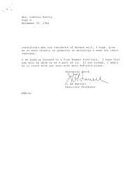 ["The author, Dol Januel, is inviting Mrs. LaDonna Harris to be a part of a Summer Institute in Norman and hopes she will have the freedom to select a week for her lectures. The author is looking forward to a successful event and will be in touch with more details if LaDonna Harris accepts the invitation."]