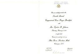 ["The document is an invitation to the Seventh Annual Congressional Wives Prayer Breakfast with Mrs. Lyndon B. Johnson, scheduled for February 2, 1967. It discusses the history and purpose of the event, which aims to seek Divine guidance and strength for the nation's leaders. The event is held in conjunction with the Presidential Prayer Breakfast and involves the wives of Senators and Representatives praying for the nation's leaders."]