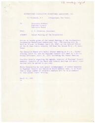 ["The document is a notice for the Annual Meeting of the Southwestern Cooperative Educational Laboratory, Inc. The meeting will be held on April 24, 1967, in El Paso, Texas. The Executive Board and Regional Council will also have separate meetings before and after the Annual Meeting. Specific details about the agenda, elections, meeting locations, and motel reservations will be sent out soon. While travel expenses are only reimbursed for Regional Council and Executive Board members, all corporate members are encouraged to attend the meeting."]