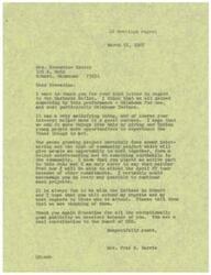 ["LaDonna Harris thanks Mrs. Kauley for her support of the Harkness Ballet performance and expresses regret for not being able to attend the upcoming pecan growing project tour. Mrs. Kauley extends an invitation to LaDonna Harris for the tour and highlights the positive impact of the project on the community. Mrs. Kauley also thanks LaDonna Harris for her involvement in promoting the project."]