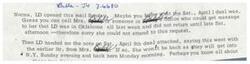 ["Norma LD received a mail on Sunday asking about a deal on Saturday, April 1. LD was in Oklahoma all last week and couldn't attend to the request. LD then passed a note on Saturday, April 8 about the deal, mentioning it was from Mrs. Bible who would be back in New York on Sunday evening and back in the office on Monday."]