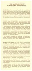 ["The National Trust for Historic Preservation is a private organization chartered by Congress to encourage public participation in preserving significant sites, buildings, and objects in American history and culture. It was established to protect our heritage from threats of destruction and promotes preservation projects through various means. Membership is open to individuals, organizations, and corporations, with contributions being tax-deductible."]