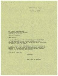 ["LaDonna Harris received an invitation to an art exhibit at Southerland Gallery of Art in Lawton, Oklahoma, but was unable to attend due to prior commitments in Washington. She sends her regrets and congratulates Buryl Southerland on hosting the exhibit."]