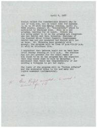 ["Evelyn has arranged for LaDonna to be on a TV program called \"Controversy\" on April 10, moderated by Sherwood Ross. Other guests include Congressman Ben Reifel and Cato Valandra. LaDonna will be back in town on Sunday evening and the program will be live from 10 p.m.-11:30 p.m. The topic is \"Indian Affairs\" and the moderator likes controversial topics. Congressman Reifel has accepted, but LaDonna's participation is pending."]