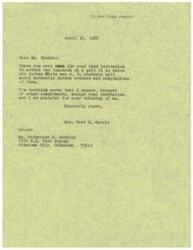 ["LaDonna Harris received an invitation from Ms. Katherine Binkley to attend a luncheon and style show featuring Indian dresses on April 14. LaDonna Harris regrets that she cannot attend due to prior commitments, but thanks Ms. Binkley for the invitation."]