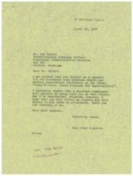 ["LaDonna Harris regrets that a previous commitment prevents her from speaking at the Northwest Area Oklahoma Health and Welfare Association Conference on May 5. She extends her regrets and best wishes to all attendees. Mr. Bob Decker had reached out to her to speak on the problems and needs of Indian youth at the conference."]