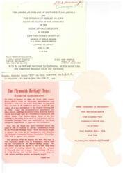 ["The document invites people to the dedication ceremony of the new Lawton Indian Hospital in Oklahoma and provides details for RSVP. It also discusses the preservation of the Harlow-Bishop house in Plymouth, Massachusetts under a new amendment to the Federal Housing Bill. The Plymouth Heritage Trust is established to oversee the restoration of the house, which will serve as the headquarters for the Plymouth Community Nurses Association. The document also mentions a benefit tea held to raise funds for the restoration."]