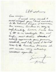 ["The writer, Smith, thanks Vivian for the invitation to the National League of American Pen Women luncheon on May 13 but regrets that they will be unable to attend due to a prior commitment in Workington. They express appreciation for the invitation and regret not being able to attend."]