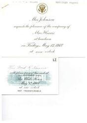 ["Mrs. Johnson regrets not being able to attend a meeting and requests the pleasure of LaDonna Harris's company at a luncheon at the White House on May 12, 1967 at one o'clock. The invitation is not transferable."]