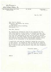 ["The letter is informing LaDonna Harris about a dinner arranged by Dr. Downing for the task force members to meet young people from the Haight-Asbury area of San Francisco, known for its involvement in the psychedelic movement. The writer appreciates Dr. Downing's initiative and hopes LaDonna Harris will attend the event on May 27."]