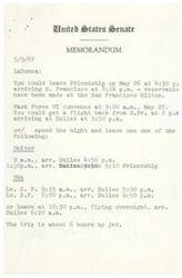 ["The memo outlines travel details for a trip to San Francisco for Task Force VI. The suggested departure time from Friendship is May 26 at 4:30 p.m. with a return flight on May 27 at 2:00 p.m. or the option to spend the night and leave on different flights the next day. The trip is approximately 6 hours by jet."]