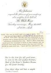 ["Mrs. Johnson is inviting guests to a reception at The White House on May 16, 1967. There is a mention of contacting Liz Carpenter for assistance with a project related to the Women's Speakers Bureau for the Great Society."]