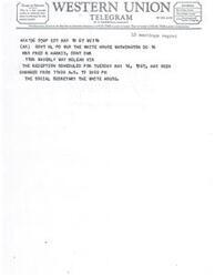 ["This text provides information about the class of service for Western Union messages, including symbols such as DL for Day Letter and NL for Night Letter. It also includes details about filing and receiving times for telegrams, as well as an example telegram about a change in reception schedule at the White House."]