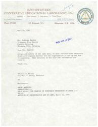 ["The Southwestern Cooperative Educational Laboratory, Inc. has sent materials to Mrs. LaDonna Harris explaining how their organization is set up and functions. The materials include a brochure, newsletters, and articles of incorporation and by-laws. The letter is signed by Iva Wilsey on behalf of the Director Paul V. Petty."]