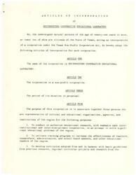 ["The document outlines the Articles of Incorporation and Bylaws of the Southwestern Cooperative Educational Laboratory, a non-profit corporation based in Texas. The purpose of the corporation is to conduct educational research, training programs for educators, develop curriculum, disseminate findings, and manage funds. The initial Board of Directors consists of three individuals from educational institutions in New Mexico and Texas. The Bylaws detail the offices, members, qualifications for membership, and rights and duties of members."]