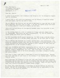 ["The letter is discussing an opportunity for American Indian arts and crafts to be displayed and sold at the All Nations Day Festival in Baltimore. The festival is a \"world's fair\" that aims to bring people of different nationalities together. The letter suggests that the Indian group should start preparing early to bring in wares from Reservations for sale. The writer, Edna G. Sloan, also mentions that her sister will be in Washington soon and would like to meet with LaDonna Harris to discuss the festival. Sloan expresses a strong desire for the Indian display to be the best and asks for help in obtaining Indian things for the festival."]