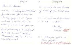 ["The sender is inviting La Danna and Dred to a dinner party at their house on Friday, July 28 at 7 p.m. They are planning a traditional Sabbath dinner and ask that La Danna call to RSVP. The sender also mentions sending a picture and includes their phone number for any questions."]