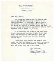 ["Mrs. Jerrell, as chairman of the Unitarian Women's Day Alliance, is inviting LaDonna Harris to address their group on the work she is doing with Indians on October 19th or November 16th at noon. They are willing to accommodate a date after the first of the year if needed. Mrs. Jerrell emphasizes the importance of the Indian community and the need for more and better help to be provided."]