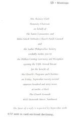 ["Mrs. Ramsey Clark, Honorary Chairman of the Saints Constantine and Helen Greek Orthodox Church Parish Council and the Ladies Philoptochos Society, invites guests to a Ribbon Cutting Ceremony and Reception to open the Fifth Annual Bazaar on September 22, 1967. The event is for the benefit of the Church's Programs and Charities. The invitation requests a reply by September 6. A card was sent on August 17 declining the invitation."]