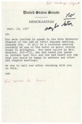 ["The document is a memo regarding an invitation for LD to speak at a meeting of the Ruth Brewster Chapter of the DAR on January 9th. LD was called by Mrs. Boehrer, who had heard LD speak on Indians and invited them to speak at the meeting. LD declined the invitation on September 14th."]