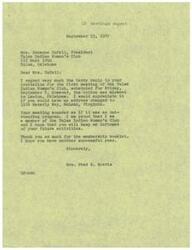 ["LaDonna Harris apologizes for missing the first meeting of the Tulsa Indian Women's Club and requests a change of address. She expresses pride in being a member and asks to be kept informed of future activities. Mrs. Zufall sends a reminder about the next meeting and encourages members to participate in the program."]