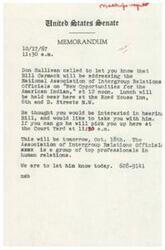 ["Don Sullivan called to inform about Bill Carmack addressing the National Association of Intergroup Relations Officials on opportunities for the American Indian. Lunch will be at the Road House Inn, and Sullivan will pick up the recipient at the Court Yard at 11:50 a.m. The event will be on Oct. 18th and the recipient needs to confirm attendance by calling 628-9141."]