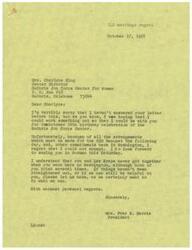 ["LaDonna Harris apologizes for not responding sooner to Mrs. Charlyce King's letter regarding the October 20th birthday celebration of the Guthrie Job Corps Center. She regrets that she cannot attend due to prior commitments in Washington. She mentions that Mrs. King and Les Kreps were unable to meet in Washington and offers assistance if needed. She looks forward to seeing Mrs. King in Norman."]