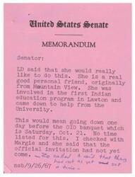 ["The memo discusses LD's interest in attending an event in Lawton, as she is a good friend from Mountain View and was involved in the first Indian education program there. The event is the OIO banquet on October 21, but the official invitation has not been received yet. The memo also mentions a call from zo regarding the event logistics."]