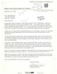 ["The letter is from Charlyce King, the Center Director of Guthrie Job Corps Center, inviting LaDonna and Fred Harris to the center's one-year-old birthday celebration on October 20. Charlyce mentions the positive impact the center is having on the young women there and recalls working together in the past. She also mentions a former student, Doris Redelk Nelson, who is doing well and expresses a desire for LaDonna and Fred Harris to visit the center."]