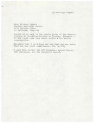 ["Mrs. Mildred Parker of Central Methodist Church in Arlington, Virginia wanted LD to speak to the Women's Society of Christian Service on November 7. LD declined due to prior commitments. Materials were sent to Mrs. Parker."]