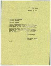 ["Mrs. Anne Belle Wiedmann from Piedmont, Oklahoma wrote to LaDonna Harris about promoting Extension Homemakers Groups and clubs through a Holiday Festival. She expressed interest in Indians and requested assistance from Oklahomans for Indian Opportunity. Another letter from Mrs. Wiedmann to SaDonna Harris discussed promoting clubs and organizing a Holiday Festival, including demonstrations and programs. Mrs. Wiedmann also requested SaDonna Harris to participate in a program during the festival."]
