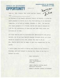 ["The Women's Advisory Council on Poverty is holding its first Executive Committee meeting on December 5, 1967. The meeting will focus on administrative and policy matters, but members are encouraged to raise any special program interests. Suggestions for the agenda can be sent to Mrs. Charlie Swift. Chairman LaDonna Harris looks forward to working with members to further the council's work."]