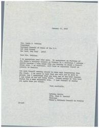 ["LaDonna Harris, Chairman of the Women's Advisory Council on Poverty, thanks Mrs. Robbins for her support and looks forward to working with her to address poverty in America. Mrs. Robbins will not be able to attend the next Council meeting, but LaDonna Harris wishes her well on her trip. Mrs. Robbins expresses her excitement about LaDonna Harris becoming the Chairman of the Council and looks forward to working together."]