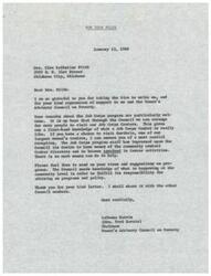 ["Mrs. Gloe Katherine Stith writes a letter to LaDonna Harris, Chairman of the Women's Advisory Council on Poverty, expressing support for the Job Corps program and offering to help in any way she can. LaDonna Harris responds with gratitude and encourages Mrs. Stith to visit a Job Corps Center and provide her views and suggestions on programs."]