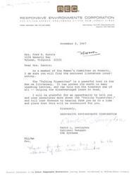 ["The letter is from Responsive Environments Corporation to LaDonna Harris, a member of the Women's Committee on Poverty, introducing the \"Talking Typewriter\" as a tool to help disadvantaged individuals learn to read. The company offers to provide more information about the product and looks forward to hearing from LaDonna Harris."]