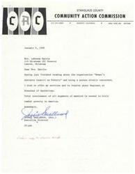 ["The letter is from Jessie Smallwood, the Executive Director of the Stanislaus County Community Action Commission, expressing interest in offering services to the Women's Advisory Council on Poverty and inquiring about regional or branch operations. Smallwood emphasizes the need for total involvement of all segments of society to combat poverty in America."]