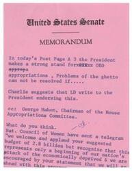 ["The document is a memorandum from the United States Senate discussing a statement made by the President regarding appropriations for solving problems in the ghetto. The memo suggests writing to the President endorsing his statement and includes a list of senators and committee members. It also discusses involving National Women's Organizations in addressing communication issues and social problems, with specific individuals assigned to different roles."]