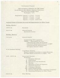 ["The National Council on the Aging is hosting a regional conference in Washington, D.C. focusing on increasing services and opportunities for older people. The conference includes workshops, problem clinics, presentations on new legislation, retirement income, OEO policies, and programs, as well as discussions on the significance of a White House Conference on Aging. Participants can also attend a membership meeting to discuss new directions in public policy and regionalization."]