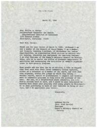["Mrs. Willie B. Carter, a neighborhood youth counselor in Louisiana, wrote to LaDonna Harris, Chairman of the Women's Advisory Council on Poverty, expressing interest in the programs sponsored by her organization. LaDonna Harris responded, thanking Mrs. Carter for her letter and suggesting ways for her to be of service, such as working with local community action agencies and involving her community in anti-poverty programs. Harris also expressed interest in learning more about Mrs. Carter's programs with young people in Shreveport."]