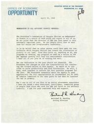 ["The memo discusses the nomination of Sargent Shriver as Ambassador to France, expressing pride in his accomplishments at the Office of Economic Opportunity (OEO) and regret at losing his leadership. It emphasizes the importance of continuing the fight against poverty and working towards the goals set by the President. The Acting Director calls for continued dedication and support from advisory council members."]
