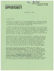 ["The document discusses the Women's Advisory Council and its efforts to combat poverty through regional alliances and conferences. It mentions the upcoming National Advisory Council of Women under President-Elect Nixon and the importance of working together to address social issues. The Office of Economic Opportunity's Kansas City Regional Conference of women's organizations has been rescheduled to February 11 and 12, 1969, and members are encouraged to suggest delegates for the conference."]