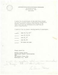 ["The American Revolution Bicentennial Commission is seeking women's organizations to define a Bicentennial program. They are organizing a meeting in Washington, D.C. and are asking for LaDonna Harris' participation. The meeting will include discussions and meetings with ARBC program staff. Travel and lodging expenses will be covered by ARBC. LaDonna Harris is asked to reply with her availability for the meeting dates listed."]