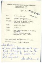 ["The document is a memo from Perdita Huston to Ladonna Harris regarding a meeting to discuss the role of women in the American Bicentennial. The meeting is scheduled for April 17, 1972, at 10:00 a.m. in the New Executive Office Building in Washington, D.C. Contact information is provided for further details. It also mentions that they had a nice conversation and looks forward to Harris attending the meeting."]