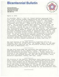 ["The document discusses various initiatives and events planned for the American Bicentennial celebration in 1976. This includes the release of commemorative postage stamps, meetings of various Bicentennial committees, plans for a Wagnerian Festival in Seattle, educational programs at Temple University, and the restoration of Fort Stamford in Connecticut. Additionally, there are plans for youth hostels in Philadelphia, a commemorative plate for the Gaspee Incident in Rhode Island, and the concept of Bicentennial Parks endorsed by several Governors."]