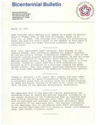 ["The document discusses various projects and initiatives related to the American Bicentennial celebration. It includes updates on projects in cities such as San Antonio and St. Louis, as well as plans for a network of bicycle trails in Virginia. It also mentions awards given for contributions to the Bicentennial and urges support for the celebration from various organizations. Additionally, newspaper comments praise the idea of Bicentennial Parks as a way to beautify and benefit communities across the country."]