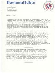 ["The document discusses various updates and initiatives related to the American Bicentennial Revolution. This includes plans for Bicentennial Parks, recognition of the battle against Sickle Cell Anemia, Bicentennial events in Rhode Island and Florida, a model building contest in New Jersey, support from the American Legion, plans for the Liberty Bell during the bicentennial, historic designations in Savannah and Maryland, and the publication of a book on the military aspects of the American Revolution."]
