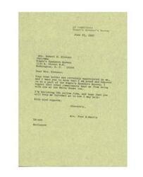 ["The document is a correspondence between Mrs. Robert E. Kintner, Chairman of the Women's Speakers Bureau, and LaDonna Harris. LaDonna Harris expresses regret for missing a White House tea event and expresses her willingness to help in the future. Mrs. Kintner encourages LaDonna Harris to participate in the Women's Speakers Bureau and requests her to fill out an enclosed form. The letter conveys a sense of appreciation and eagerness for collaboration."]